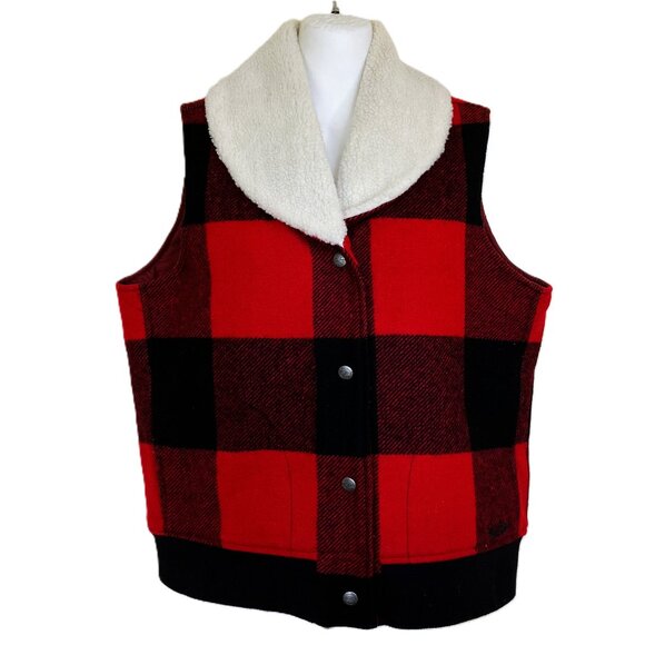 Woolrich Buffalo Plaid Vest with Sherpa Shawl Collar Red/Black Wool Blend - Picture 2 of 9